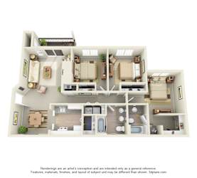 A 3D floor plan of a house with multiple rooms and furniture.