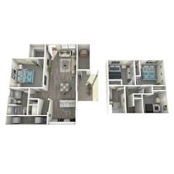 A 3D floor plan of a small apartment with a bedroom, living room, kitchen, and bathroom.
