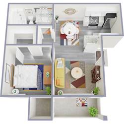 A top-down view of a modern apartment layout with a living room, kitchen, and bedroom.