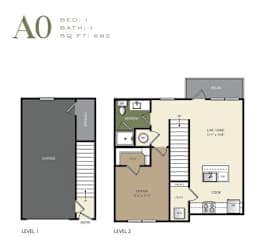 A floor plan for a one bedroom apartment with a garage.
