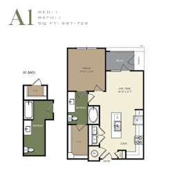 A floor plan of a one bedroom apartment with a bathroom and a living area.