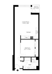 A black and white image of a floor plan for a small apartment.