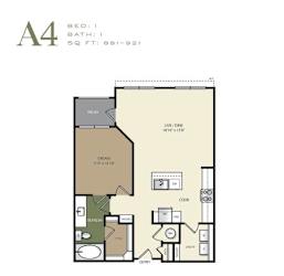 A floor plan of a one bedroom apartment with a bathroom and a living room.