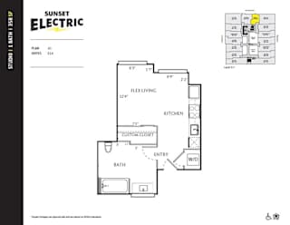 A Sunset Electric floor plan for a studio apartment with dimensions and a smaller inset showing the apartment's location within a building.