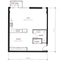 A floor plan of a small apartment with a living room, sleeping area, and bathroom.