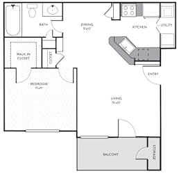 A floor plan of a small apartment with a bedroom, living room, kitchen, and bathroom.