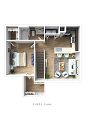 A floor plan of an apartment with a kitchen, living room, and bathroom.