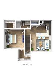 A floor plan of a house with a living room, kitchen, and two bedrooms.