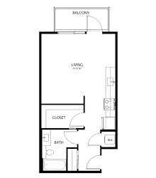 A black and white drawing of a living room, bathroom, and balcony layout.