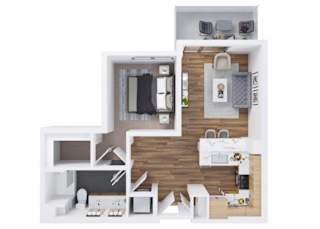 A top-down view of a modern apartment layout.