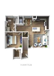 A floor plan of an apartment with a living room, kitchen, and bedroom.