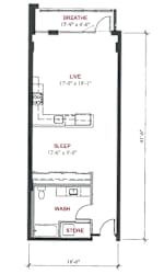 A floor plan of a small apartment with a sleeping area, a living area, and a washroom.