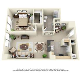 A 3D floor plan of a house with a living room, kitchen, dining room, and bedrooms.