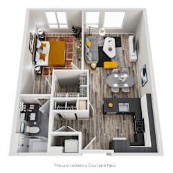 A top down view of a unit with a patio.