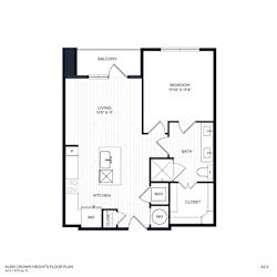 A floor plan of A2.2 with a living room, kitchen, bathroom, bedroom, and balcony