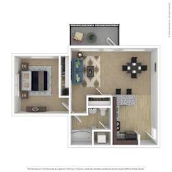 A floor plan of a small apartment with a kitchen, living room, and bathroom.