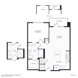 A floor plan of A3 and A3.2's different balcony variation with a balcony, bathroom, a living area, a kitchen, and a bedroom.