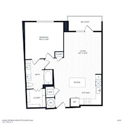 A floor plan of a home with a balcony, living room, kitchen, bathroom, and bedroom.