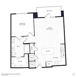 A floor plan of a home with a balcony, bedroom, bath, closet, kitchen, and living room.