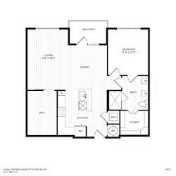 A floor plan of a home with a living room, dining room, kitchen, and bathroom.