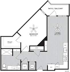 A floor plan of a home with a living room, bedroom, and bathroom.