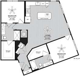 A floor plan of a home with three bedrooms and a living area.