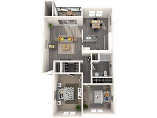 A 3D floor plan of a small apartment with a kitchen, living room, and two bedrooms.