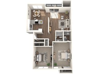 A top-down view of a house layout with a kitchen, living room, and two bedrooms.