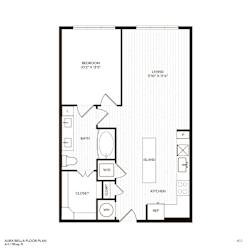 A floor plan of a Aura Bella showing a bedroom, bathroom, kitchen, living room, and closet.