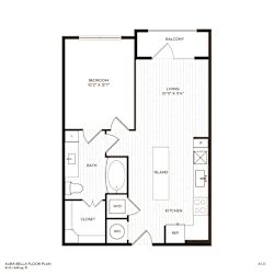 A floor plan of a small apartment with a bedroom, living room, kitchen, and bathroom.