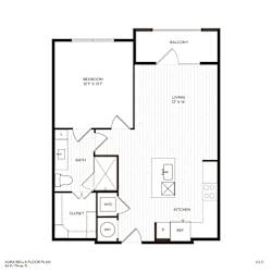 A floor plan of a small apartment with a living room, bedroom, bathroom, kitchen, and closet.