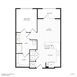 A floor plan of a balcony apartment with a living room, kitchen, bathroom, bedroom and closet.