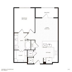 A floor plan of a balcony apartment with a living room, bedroom, bathroom, kitchen, closet, and laundry room.
