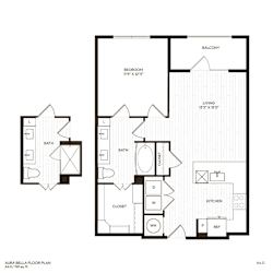 A floor plan of a two-bedroom apartment with a balcony.