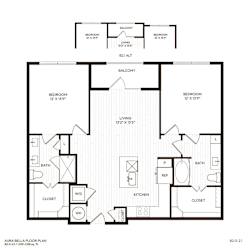A floor plan of a two-bedroom, two-bathroom apartment.