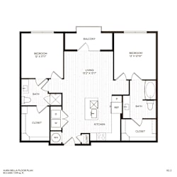 A black and white image of a floor plan for a two bedroom, two bathroom apartment.