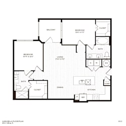 A floor plan of a two bedroom apartment with a balcony.