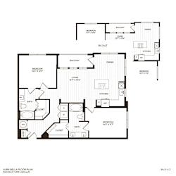 A floor plan of a residential area with labeled rooms such as Bedroom, Bath, Kitchen, Living room, Dining room, and Balcony.