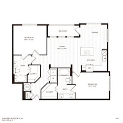 A floor plan of a home with a living room, dining room, kitchen, and three bedrooms.
