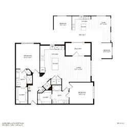 A floor plan of a two-bedroom, two-bathroom apartment.