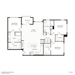 A black and white image of a floor plan for a Aura Bella apartment.