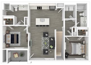 A top-down view of a small apartment layout with a kitchen, living room, and bedroom.
