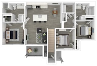 A 3D floor plan of a house with a kitchen, living room, and bathroom.