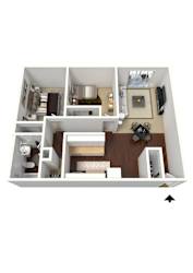 A top down view of a small apartment with a kitchen, living room, and bedroom.