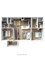 A floor plan of a house with a kitchen, living room, bedrooms and bathrooms.