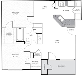 A floor plan of a home with two bedrooms, a living area, a kitchen, a bathroom, a walk-in closet, a storage area, and a balcony.