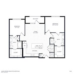 A floor plan of a home with a living room, kitchen, two bedrooms, and two bathrooms