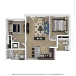 A floor plan of a small apartment with a kitchen, living room, and two bedrooms.