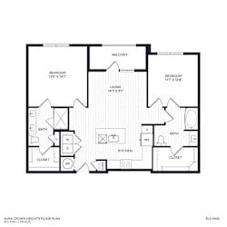 A floor plan of a home with two bedrooms, a living room, two bathrooms, a kitchen, and a closet.