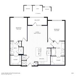 A black and white image of B2 and B2.1's floor plan for a two bedroom apartment with balcony on B2 and no balcony and a larger living room on B2.1